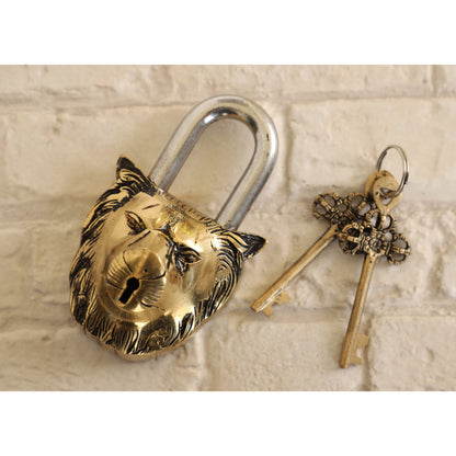 Handmade Old Vintage Style Antique Lion Face Shape Brass Security Lock with 2 Keys|Home Temple Office