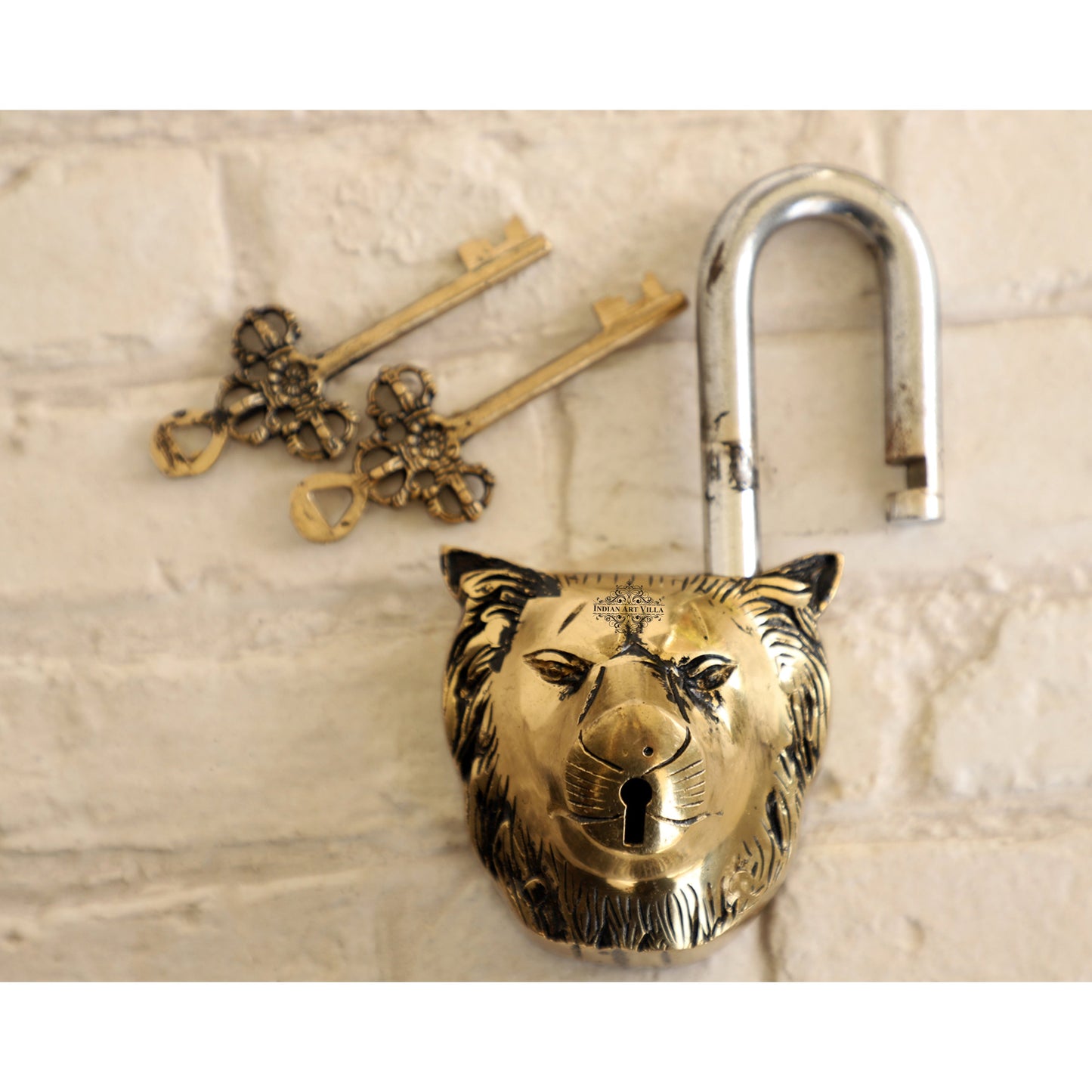 Handmade Old Vintage Style Antique Lion Face Shape Brass Security Lock with 2 Keys|Home Temple Office