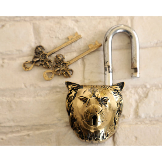 Handmade Old Vintage Style Antique Lion Face Shape Brass Security Lock with 2 Keys|Home Temple Office