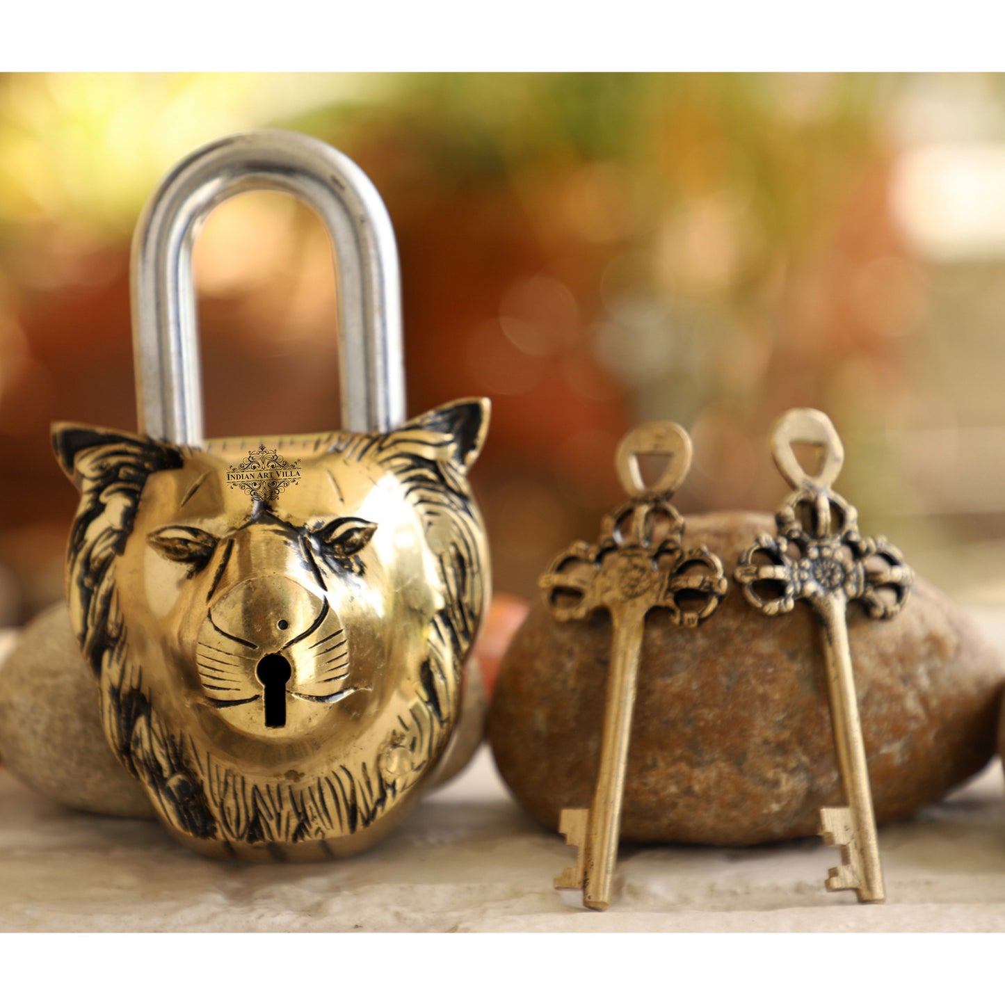 Handmade Old Vintage Style Antique Lion Face Shape Brass Security Lock with 2 Keys|Home Temple Office