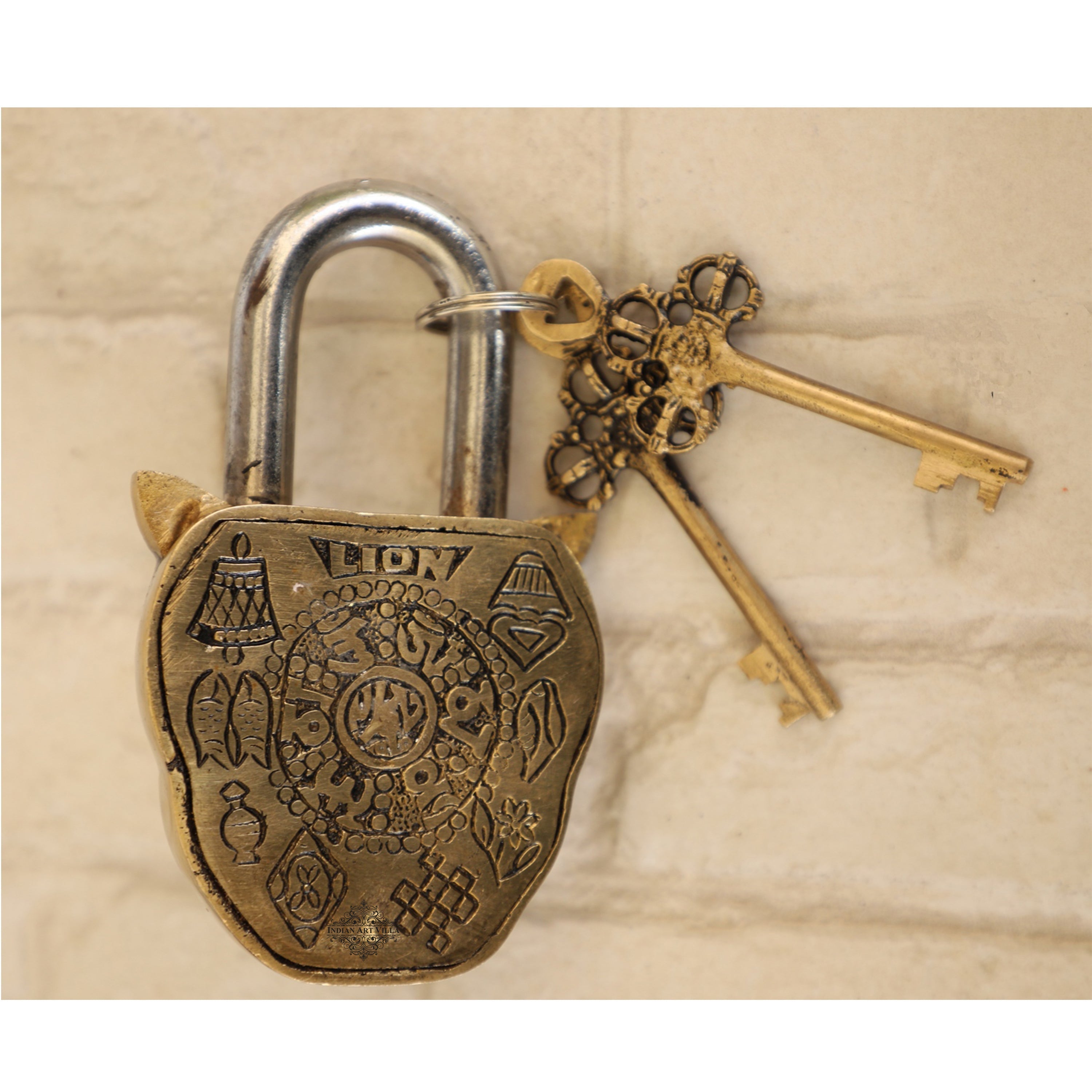 Handmade Old Vintage Style Antique Lion Face Shape Brass Security Lock with 2 Keys|Home Temple Office