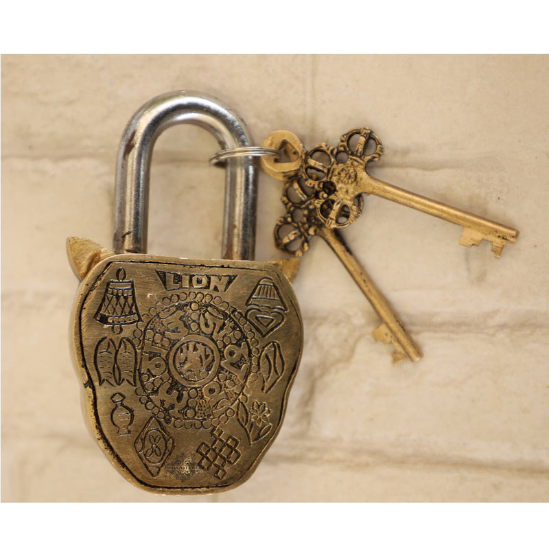 Handmade Old Vintage Style Antique Lion Face Shape Brass Security Lock with 2 Keys|Home Temple Office