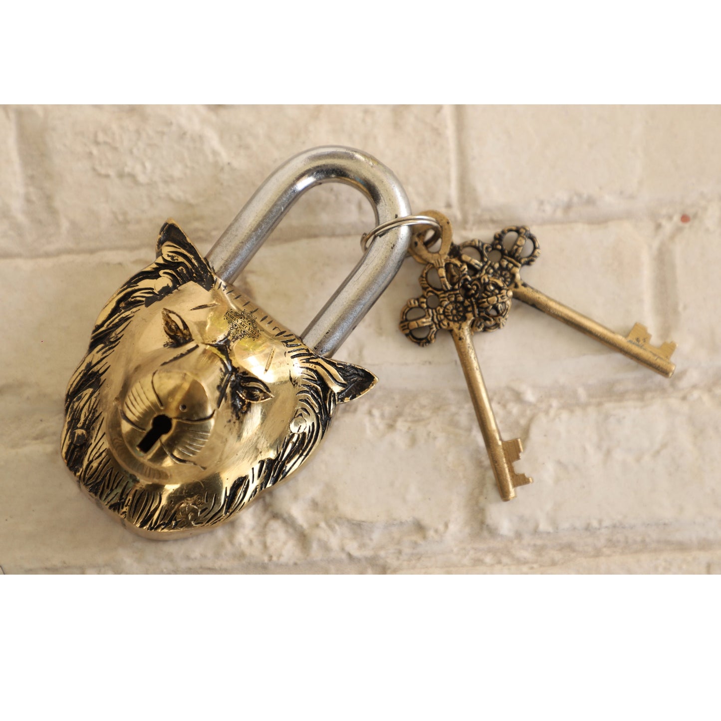 Handmade Old Vintage Style Antique Lion Face Shape Brass Security Lock with 2 Keys|Home Temple Office
