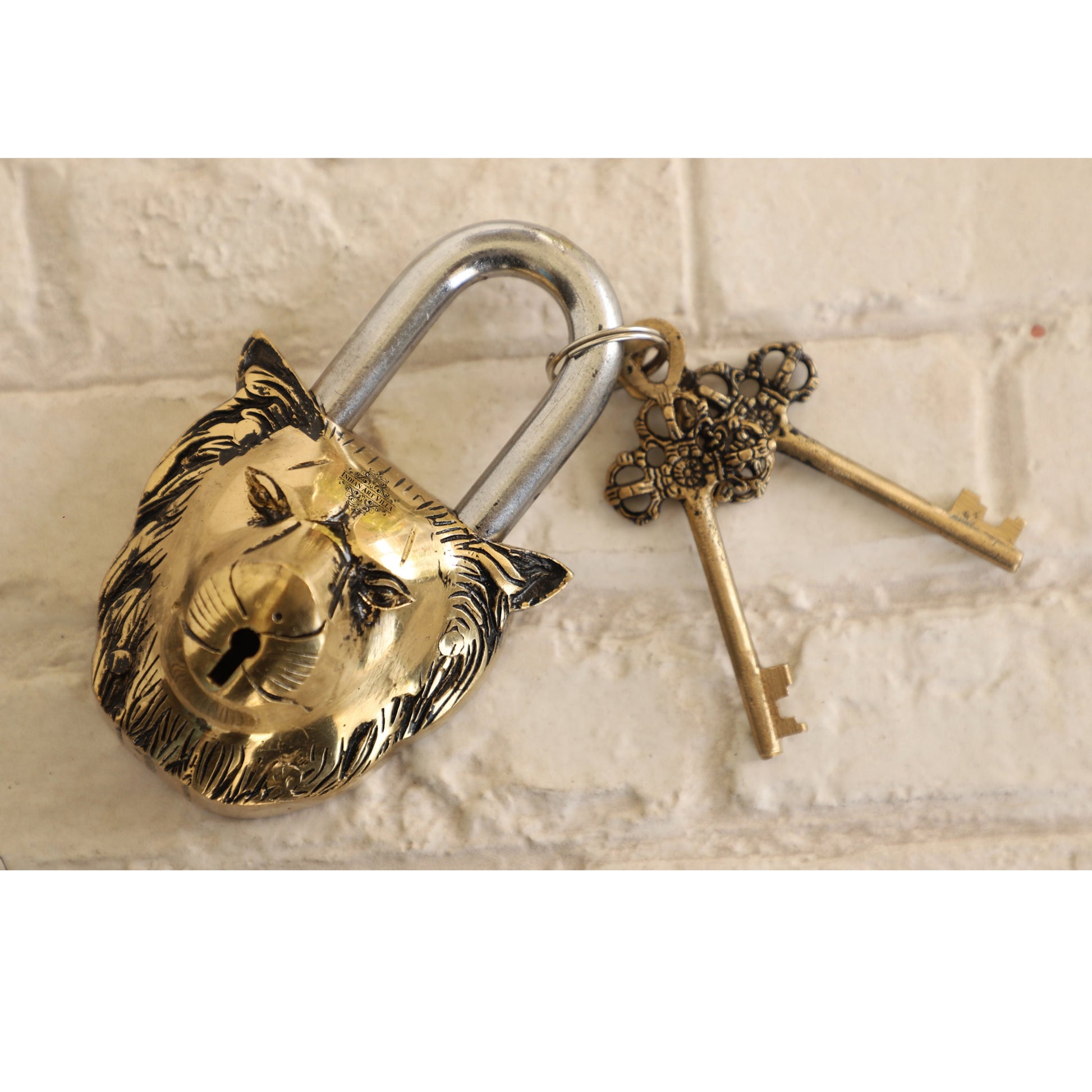 Handmade Old Vintage Style Antique Lion Face Shape Brass Security Lock with 2 Keys|Home Temple Office