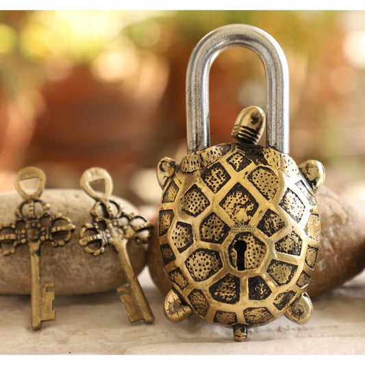 Handmade Old Vintage Style Antique Tortoise Shape Brass Security Lock with 2 Keys|Home Temple Office,Size-1x13.97 cm