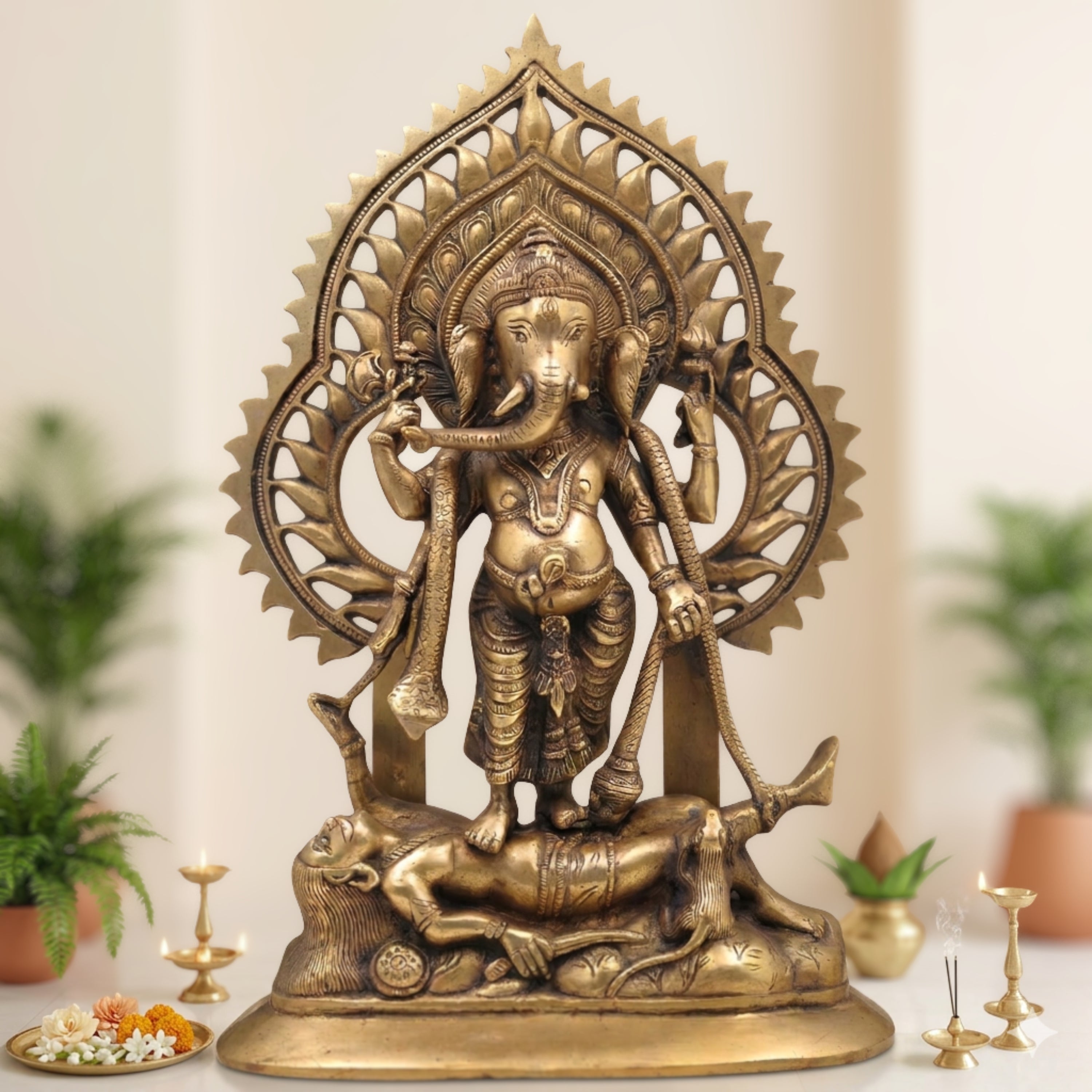 Brass Sindhura Samhara Ganesha Idol – Veera Ganapathi | Ugra Vinayaka | Asura Samhara Ganapati Murti for Home Temple & Puja Decor, Gold, 13 Inch, 1 Piece
