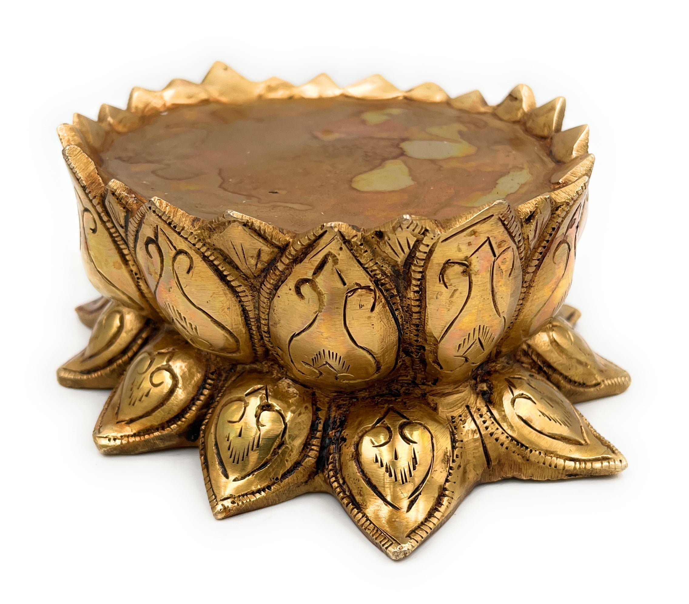 Bhunes Brass Lotus Shaped Pooja Kalash Chowki, Handmade Temple Bajot, Kamal Peetha, Singhasan Stand for Deity, Mandir, Home Decor, Gold, 2.5 Inch, 1 Piece