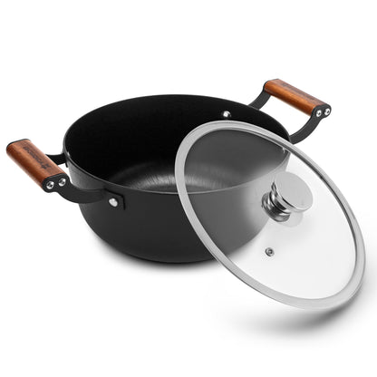 Ferro Light-weight Cast-iron Casserole & Glass Lid, 24cm, 40% Lighter, Pre-seasoned with 100% Vegetable Oil, Chemical-free, Induction-friendly, Long Cool-touch Wood Handles, 10-Yr Warranty