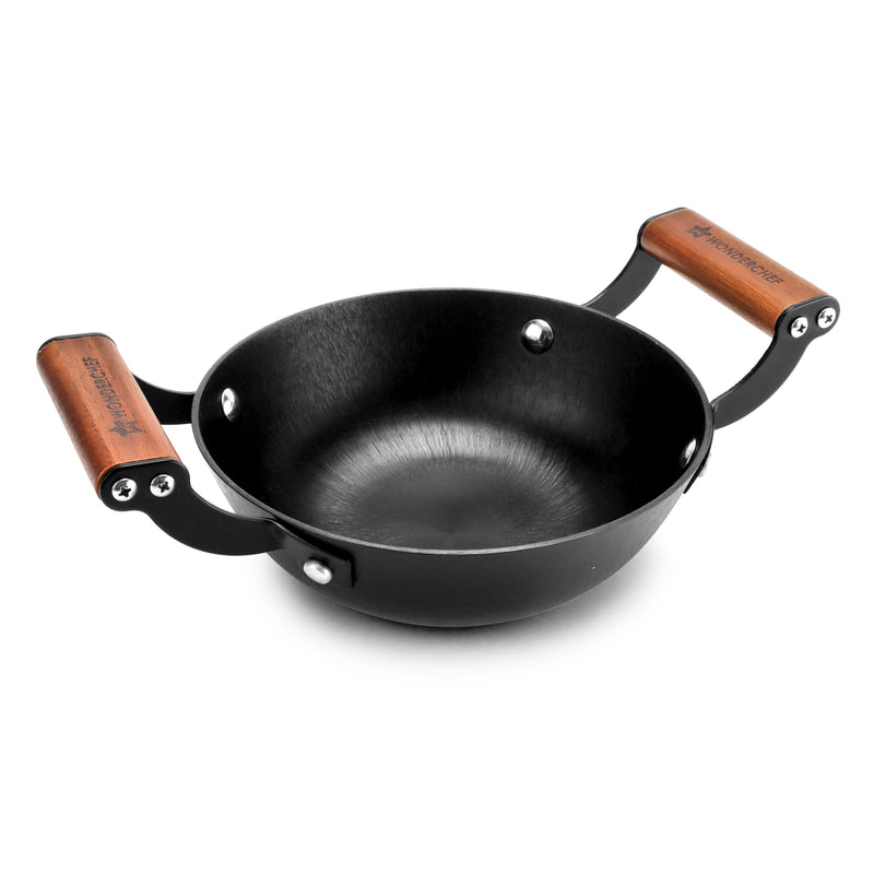 Pre-Seasoned Ferro Light 28cm Kadhai | 3.2L | Acacia Wooden Handles | Gravity Moulding Technology | No Chemical Coating |10 Year Warranty
