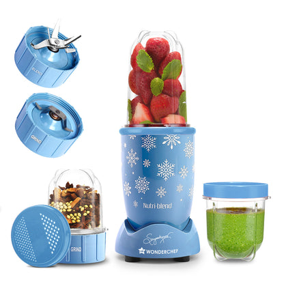Wonderchef Nutri-blend 500W Mixer Grinder, 22000 RPM Motor, Smoothie Maker, Masala Grinder, Chutney Blender, 3 Unbreakable Jars, Recipe Book by Chef Sanjeev Kapoor, 2 Yr Warranty, Blue