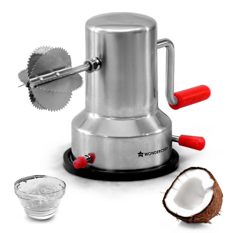 Wonderchef Stainless Steel Coconut Scraper for Kitchen, Vacuum Base, Rotatable Handle, Manual Operation, Silver