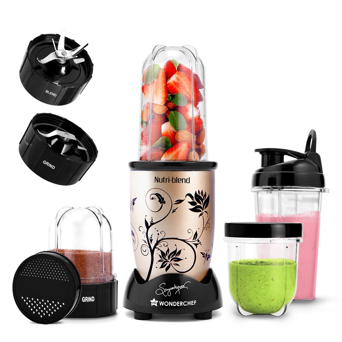 Nutri-blend 500W Mixer Grinder, 22000 RPM Motor, Smoothie Maker, Masala Grinder, Chutney Blender, 3 Unbreakable Jars & Sipper Jar, Recipe Book by Chef Sanjeev Kapoor, 2 Yr Warranty, Champagne