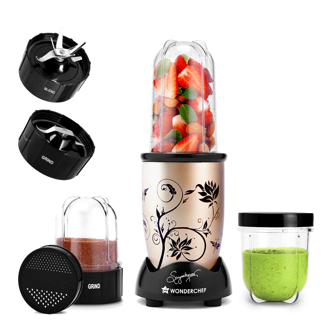 Nutri-blend 500W Mixer Grinder, 22000 RPM Motor, Smoothie Maker, Masala Grinder, Chutney Blender, 3 Unbreakable Jars, Recipe Book by Chef Sanjeev Kapoor, 2 Yr Warranty, Champagne