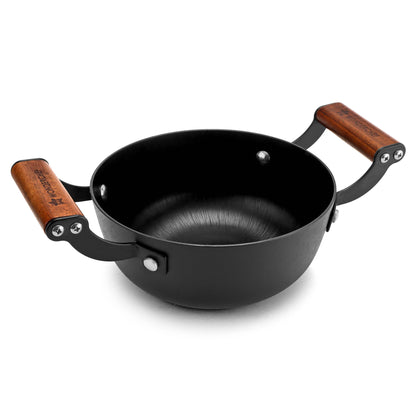 Ferro Light-weight Cast-iron Deep Kadhai, 20cm, 40% Lighter, Pre-seasoned with 100% Vegetable Oil, Non-toxic, Chemical-free, Induction-friendly, Long Cool-touch Wood Handles, 10-Yr Warranty
