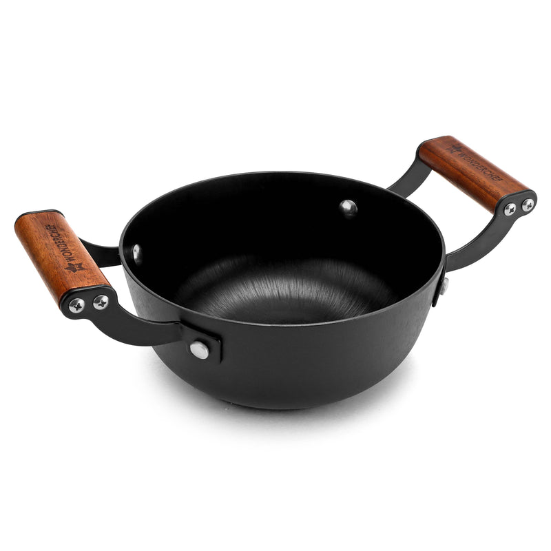 Ferro Light-weight Cast-iron Deep Kadhai, 20cm, 40% Lighter, Pre-seasoned with 100% Vegetable Oil, Non-toxic, Chemical-free, Induction-friendly, Long Cool-touch Wood Handles, 10-Yr Warranty