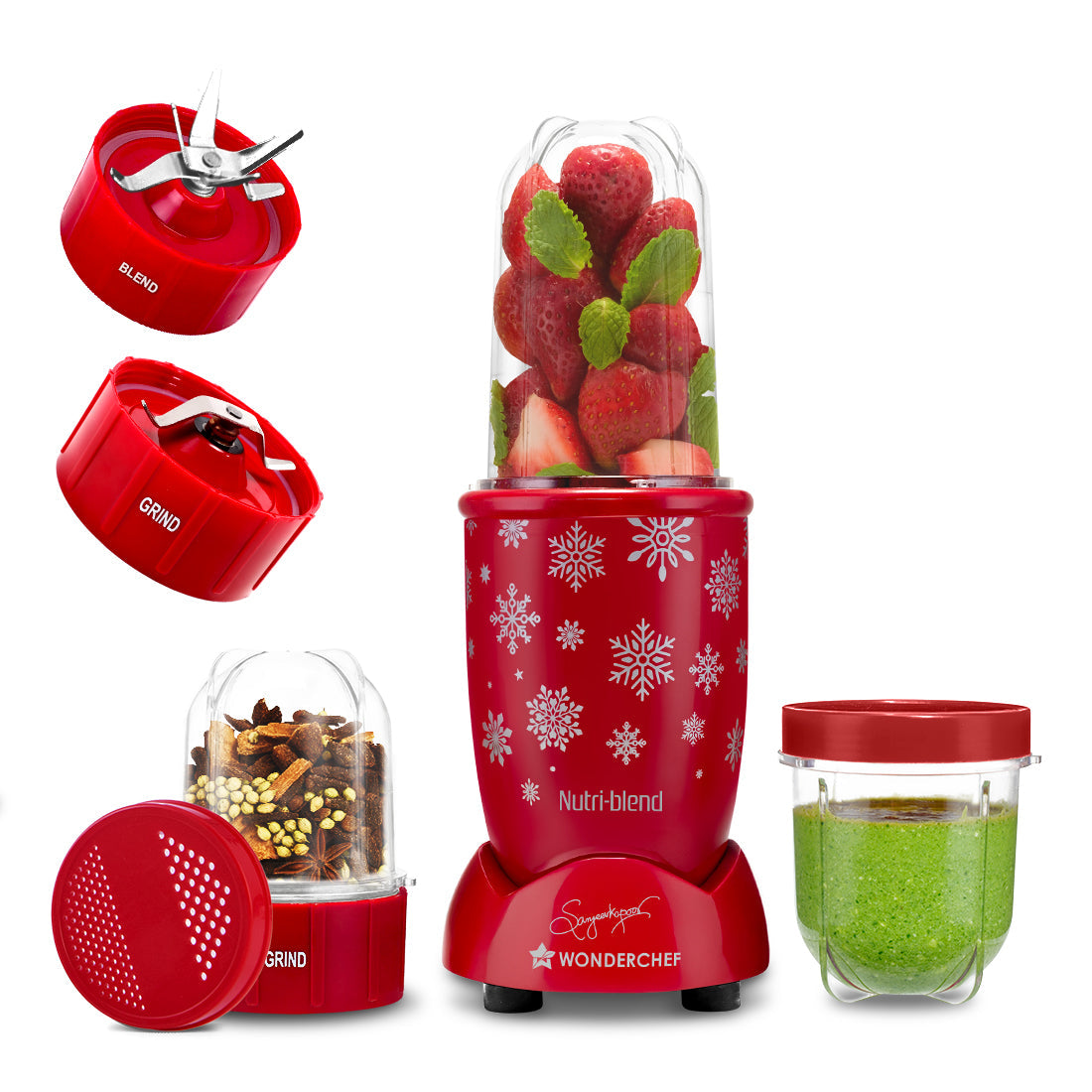 Nutri-blend Snowflakes 500W Mixer Grinder, 22000 RPM, Smoothie Maker-Masala-Chutney Grinder, 3 Unbreakable Jars, Limited Edition, Recipe Book by Chef Sanjeev Kapoor, 2 Yr Warranty, Red