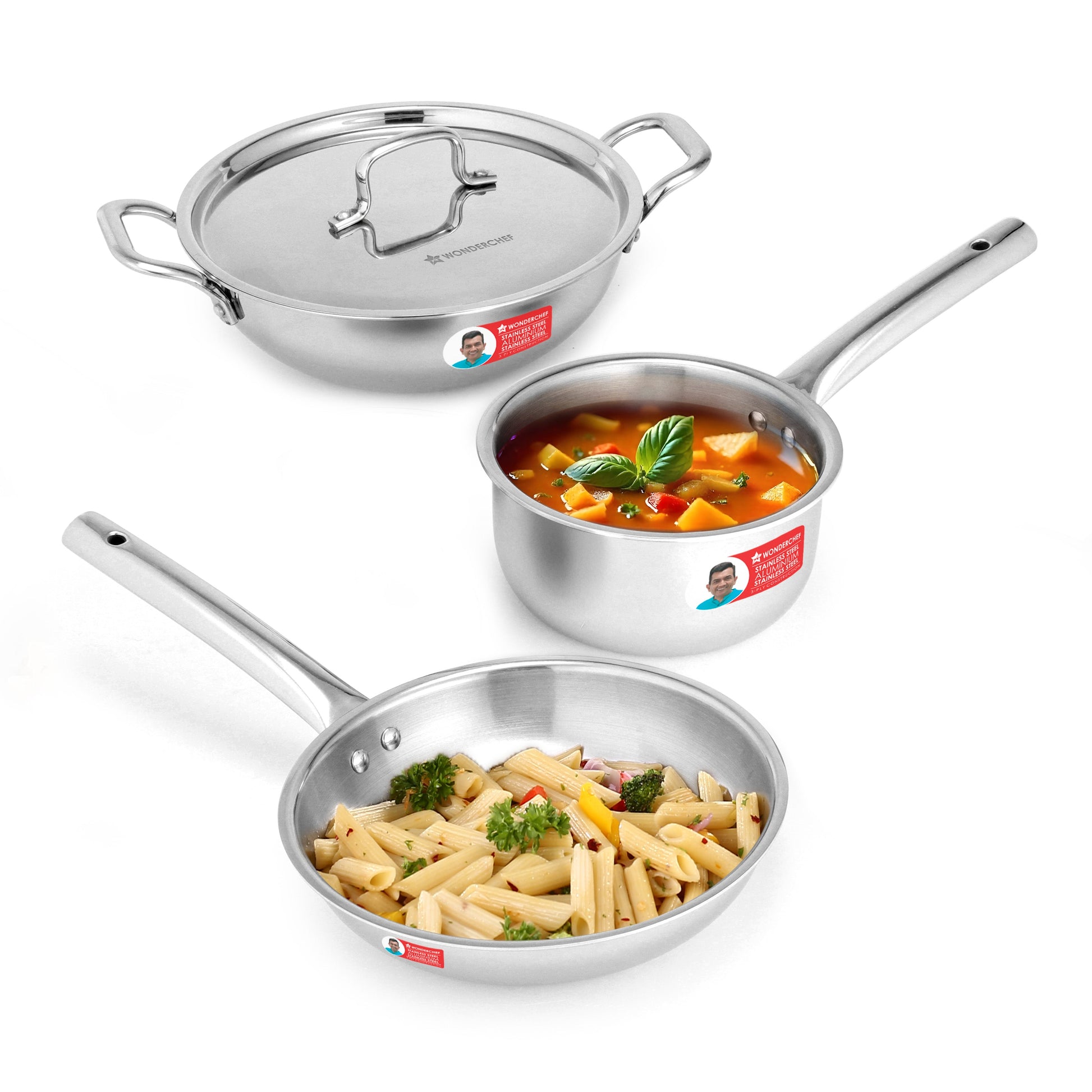 Venice Triply Stainless Steel 4 Pc. Cookware Set | Fry Pan 22cm, Kadhai with Lid 24cm, Saucepan 16cm | Non-toxic | Uniform Heating | Heavy-duty Handle | Easy Cleaning | 10-year Warranty