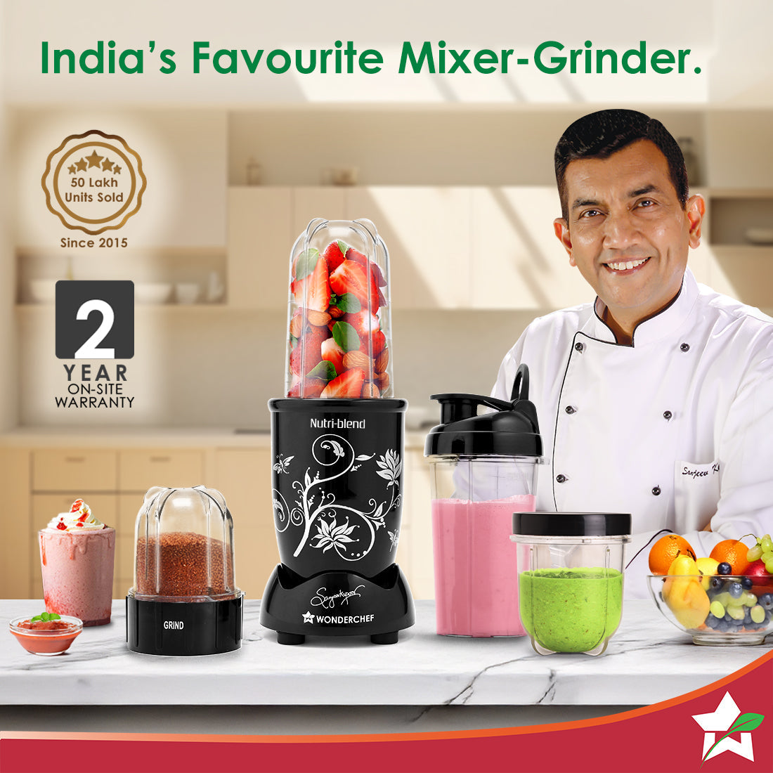 Nutri-blend 500W Mixer Grinder, 22000 RPM Motor, Smoothie Maker, Masala Grinder, Chutney Blender, 3 Unbreakable Jars & Sipper Jar, Recipe Book by Chef Sanjeev Kapoor, 2 Yr Warranty, Black