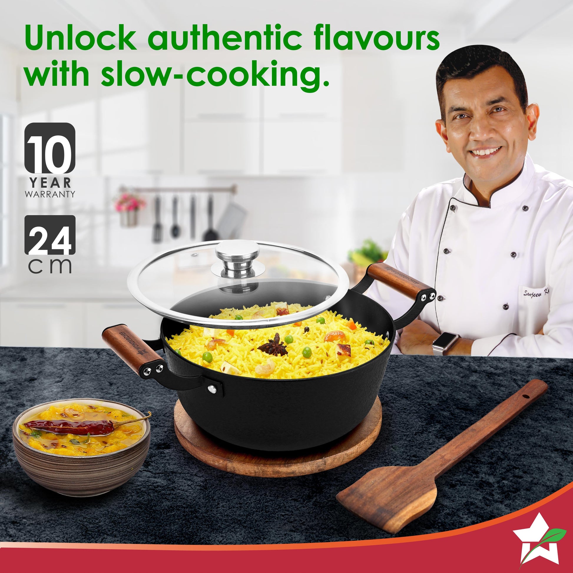 Ferro Light-weight Cast-iron Casserole & Glass Lid, 24cm, 40% Lighter, Pre-seasoned with 100% Vegetable Oil, Chemical-free, Induction-friendly, Long Cool-touch Wood Handles, 10-Yr Warranty