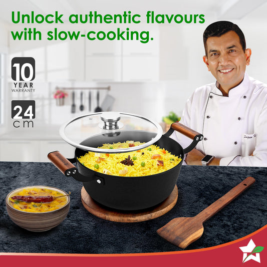 Ferro Light-weight Cast-iron Casserole & Glass Lid, 24cm, 40% Lighter, Pre-seasoned with 100% Vegetable Oil, Chemical-free, Induction-friendly, Long Cool-touch Wood Handles, 10-Yr Warranty