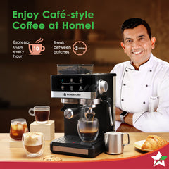 Wonderchef Regalia Bean to Cup 20 Bar Coffee Maker with Built-in Grinder | Espresso, Cappuccino, Latte, Mocha, Cold Coffee |Adjustable Grinding |Adjustable Milk Frothing Steamer | Metal Porta Filter | 2 Thermostats | 1.5L Water Tank |1200W-2