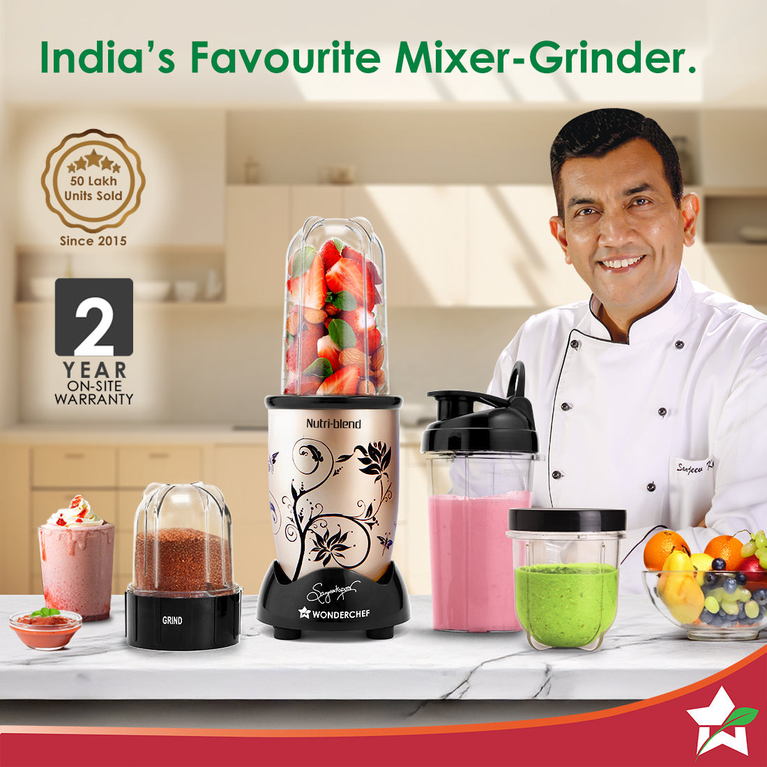 Nutri-blend 500W Mixer Grinder, 22000 RPM Motor, Smoothie Maker, Masala Grinder, Chutney Blender, 3 Unbreakable Jars & Sipper Jar, Recipe Book by Chef Sanjeev Kapoor, 2 Yr Warranty, Champagne