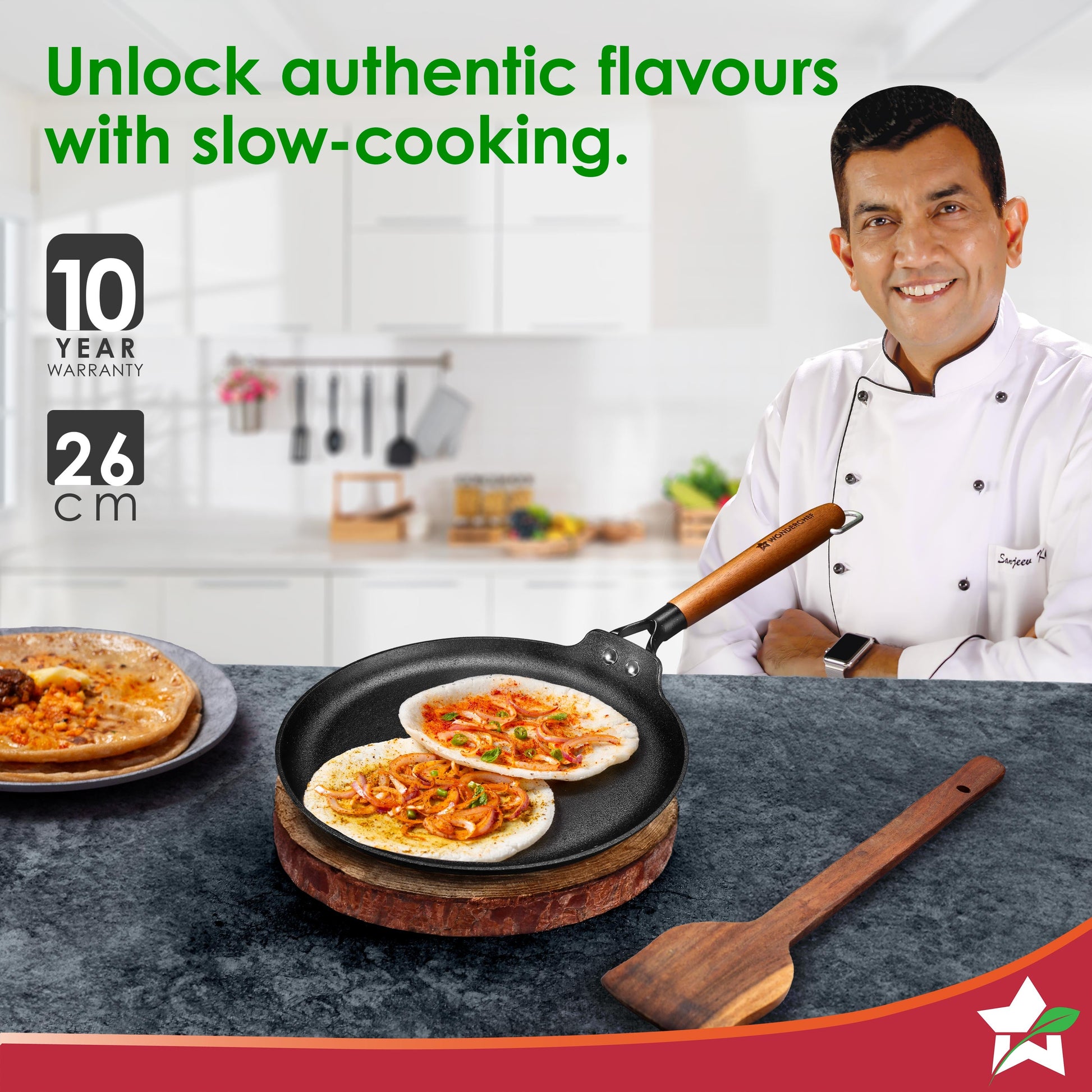 Ferro Light-weight Cast-iron Dosa Tawa, 26cm, 40% Lighter, Pre-seasoned with 100% Vegetable Oil, Non-toxic, Chemical-free, Induction-friendly, Long Cool-touch Wood Handles, 10-Yr Warranty