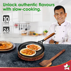 Ferro Light-weight Cast-iron Dosa Tawa, 26cm, 40% Lighter, Pre-seasoned with 100% Vegetable Oil, Non-toxic, Chemical-free, Induction-friendly, Long Cool-touch Wood Handles, 10-Yr Warranty