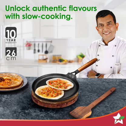 Ferro Light-weight Cast-iron Dosa Tawa, 26cm, 40% Lighter, Pre-seasoned with 100% Vegetable Oil, Non-toxic, Chemical-free, Induction-friendly, Long Cool-touch Wood Handles, 10-Yr Warranty