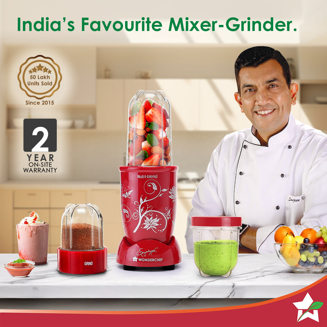 Nutri-blend 500W Mixer Grinder, 22000 RPM Motor, Smoothie Maker, Masala Grinder, Chutney Blender, 3 Unbreakable Jars, Recipe Book by Chef Sanjeev Kapoor, 2 Yr Warranty, Red