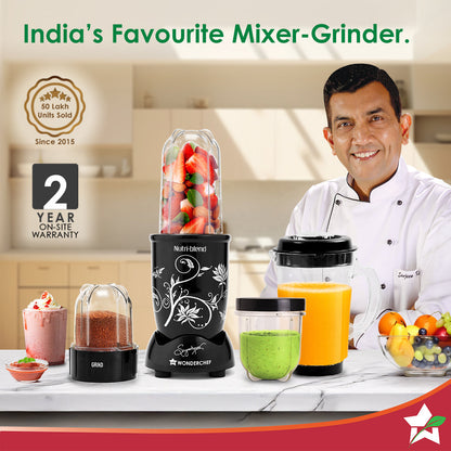 Nutri-blend 500W Mixer Grinder, 22000 RPM Motor, Smoothie Maker, Masala Grinder, Chutney Blender, 4 Unbreakable Jars, Recipe Book by Chef Sanjeev Kapoor, 2 Yr Warranty, Black