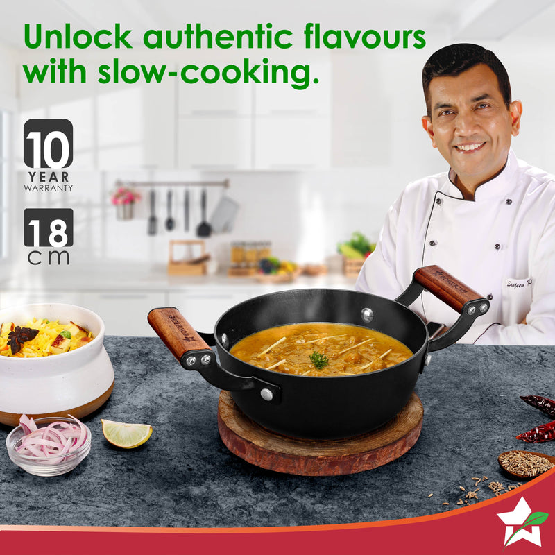 Ferro Light-weight Cast-iron Deep Kadhai, 18cm, 40% Lighter, Pre-seasoned with 100% Vegetable Oil, Non-toxic, Chemical-free, Induction-friendly, Long Cool-touch Wood Handles, 10-Yr Warranty