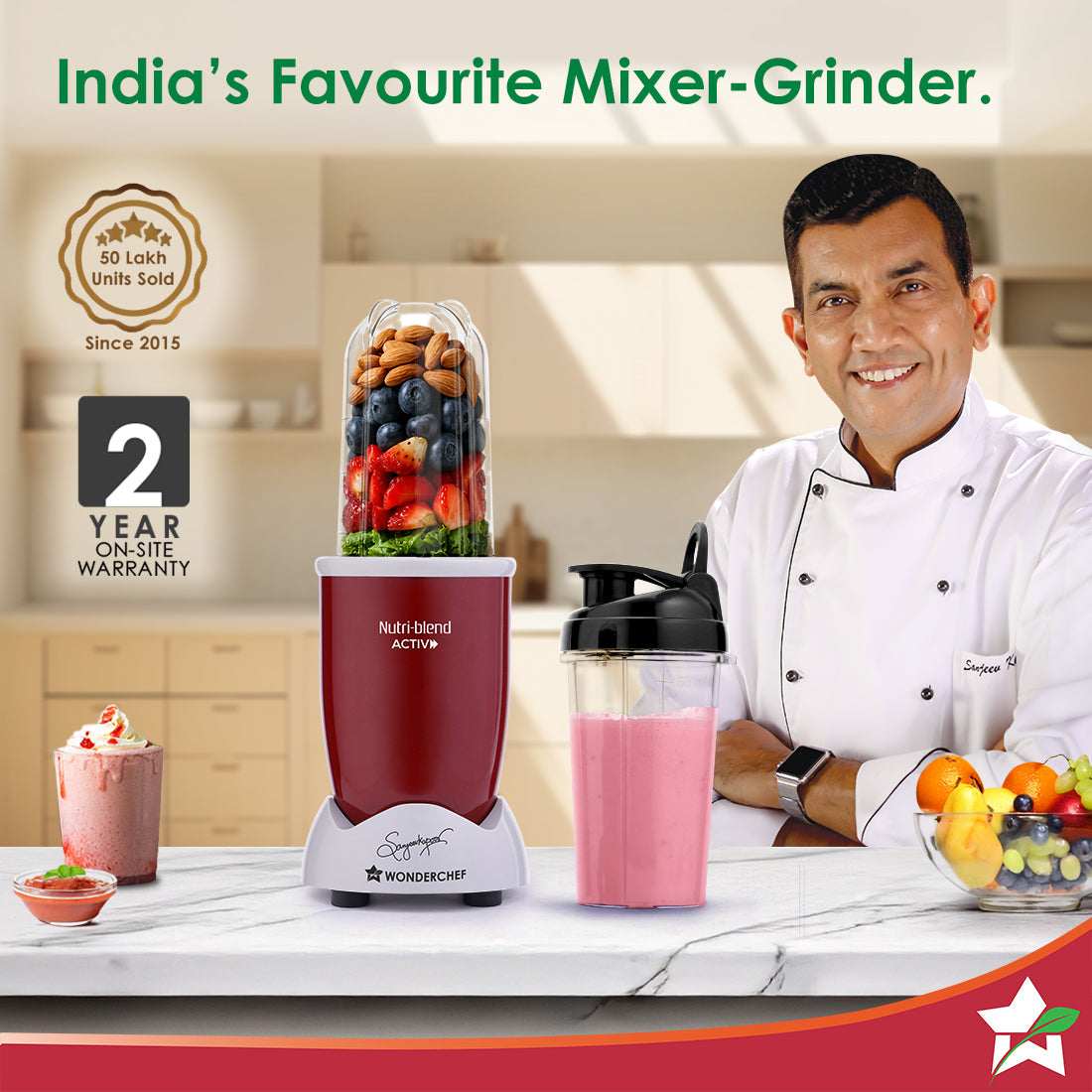 Nutri-blend Activ Mixer Grinder Blender, Smoothie Maker, 500W 22000 RPM 100% Full Copper Motor, 2 Unbreakable BPA Free Jars, SS Blades, 2 Year Warranty, Recipe book by Chef Sanjeev Kapoor, Red