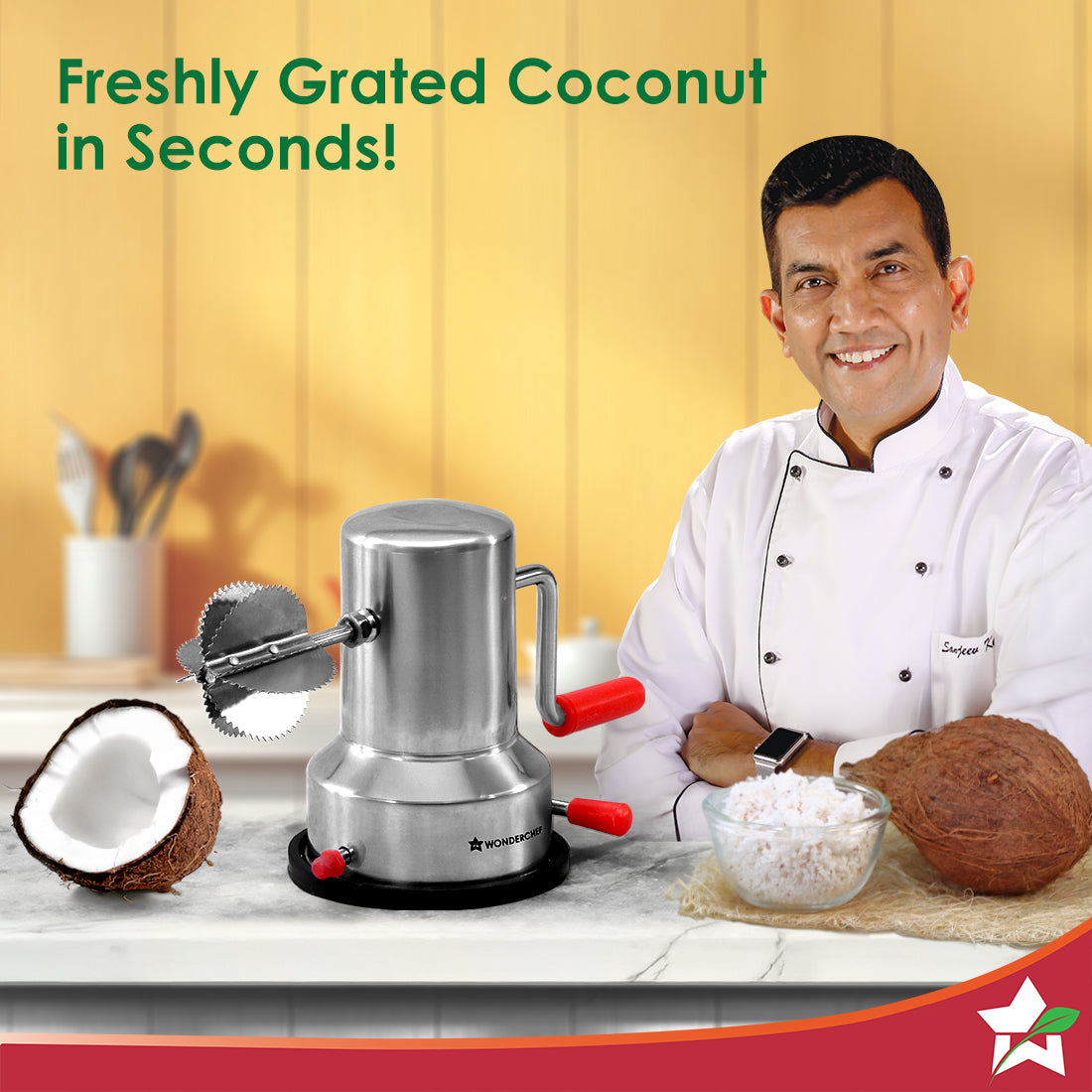 Wonderchef Stainless Steel Coconut Scraper for Kitchen, Vacuum Base, Rotatable Handle, Manual Operation, Silver
