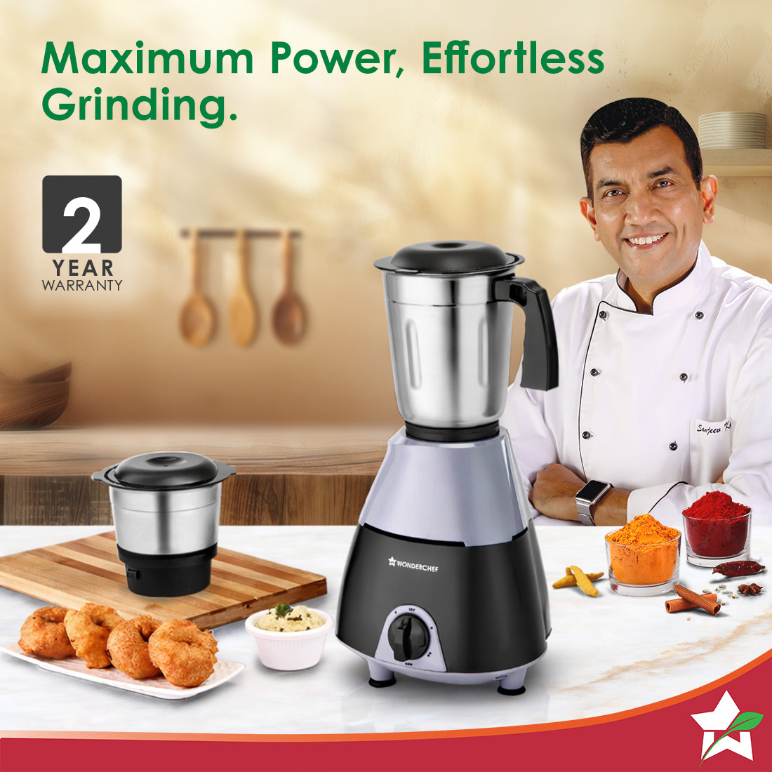 Wonderchef Vista Neo Mixer Grinder for Kitchen, 500W, 2 Multi-purpose Jars, Stainless-steel Blades for Masala, Chutney, 