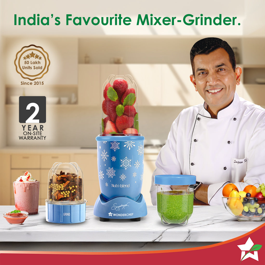 Wonderchef Nutri-blend 500W Mixer Grinder, 22000 RPM Motor, Smoothie Maker, Masala Grinder, Chutney Blender, 3 Unbreakable Jars, Recipe Book by Chef Sanjeev Kapoor, 2 Yr Warranty, Blue