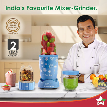 Wonderchef Nutri-blend 500W Mixer Grinder, 22000 RPM Motor, Smoothie Maker, Masala Grinder, Chutney Blender, 3 Unbreakable Jars, Recipe Book by Chef Sanjeev Kapoor, 2 Yr Warranty, Blue