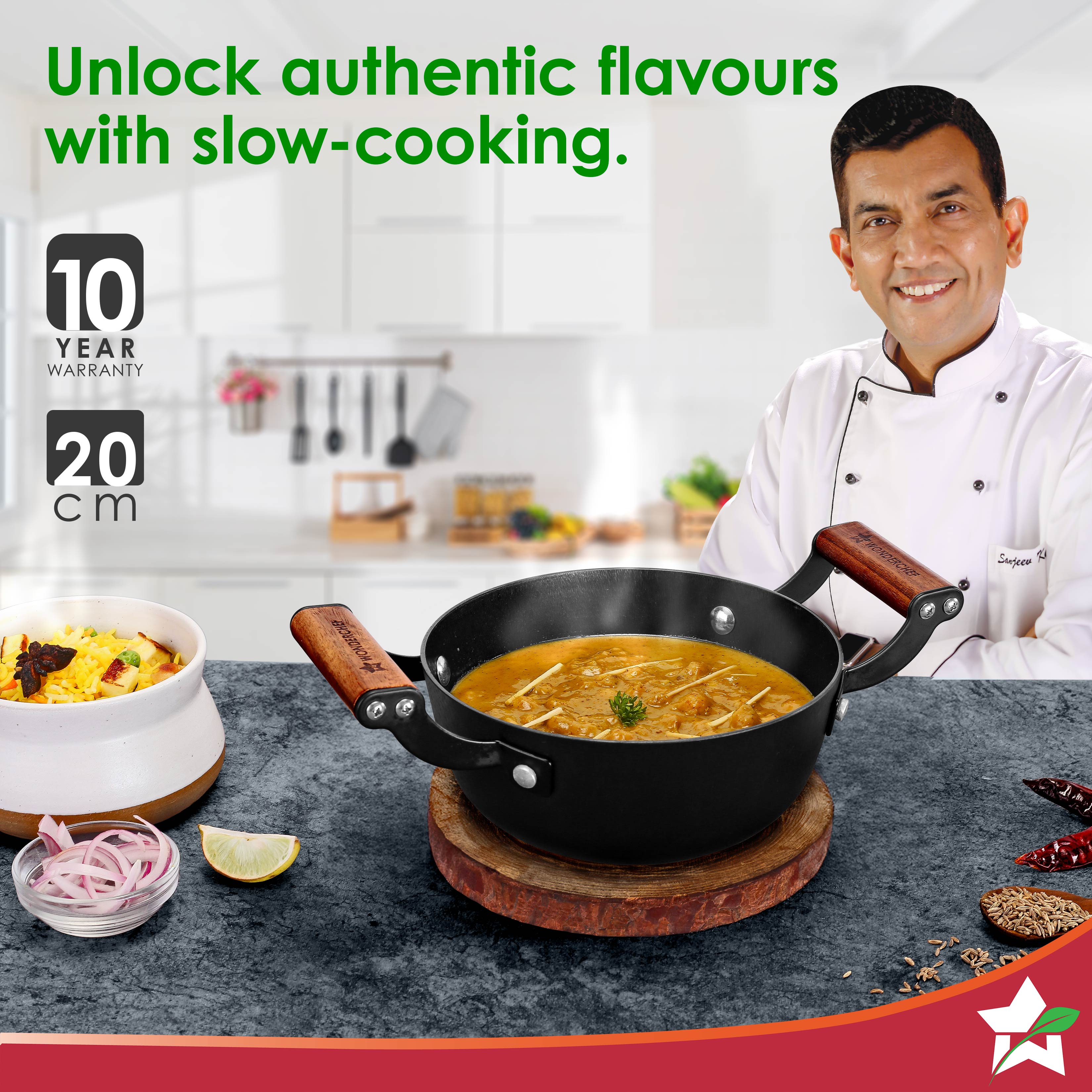 Ferro Light-weight Cast-iron Deep Kadhai, 20cm, 40% Lighter, Pre-seasoned with 100% Vegetable Oil, Non-toxic, Chemical-free, Induction-friendly, Long Cool-touch Wood Handles, 10-Yr Warranty