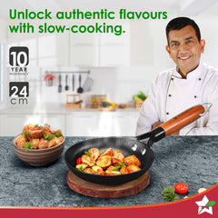 Pre-Seasoned Ferro Light 24cm Cast Iron Fry Pan | 1.4L | Acacia Wooden Handles | Gravity Moulding Technology | No Chemical Coating |10 Year Warranty