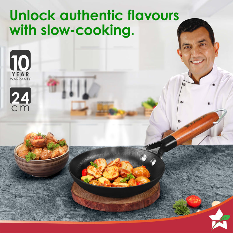 Pre-Seasoned Ferro Light 24cm Cast Iron Fry Pan | 1.4L | Acacia Wooden Handles | Gravity Moulding Technology | No Chemical Coating |10 Year Warranty