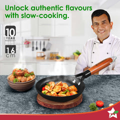 Ferro Light-weight Cast-iron Fry Pan, 16cm, 40% Lighter, Pre-seasoned with 100% Vegetable Oil, Non-toxic, Chemical-free, Induction-friendly, Long Cool-touch Wood Handles, 10-Yr Warranty
