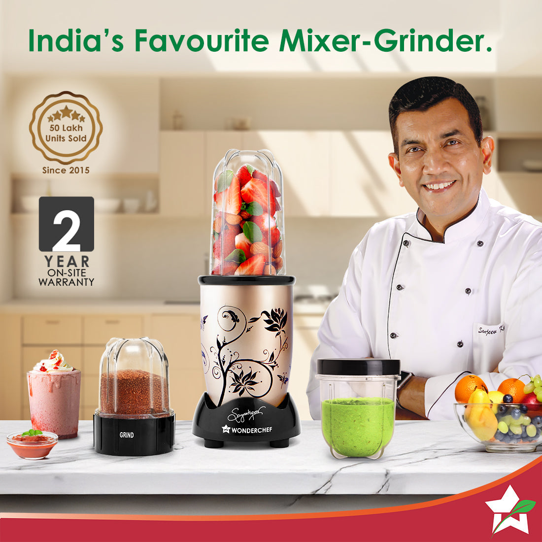 Nutri-blend 500W Mixer Grinder, 22000 RPM Motor, Smoothie Maker, Masala Grinder, Chutney Blender, 3 Unbreakable Jars, Recipe Book by Chef Sanjeev Kapoor, 2 Yr Warranty, Champagne