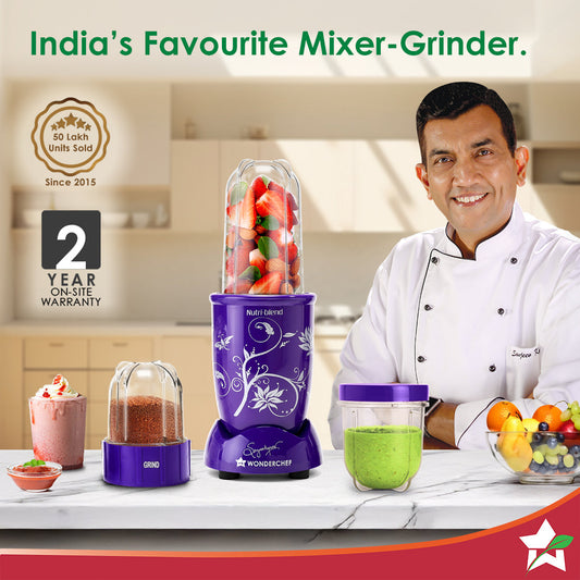 Nutri-blend 500W Mixer Grinder, 22000 RPM Motor, Smoothie Maker, Masala Grinder, Chutney Blender, 3 Unbreakable Jars, Recipe Book by Chef Sanjeev Kapoor, 2 Yr Warranty, Purple