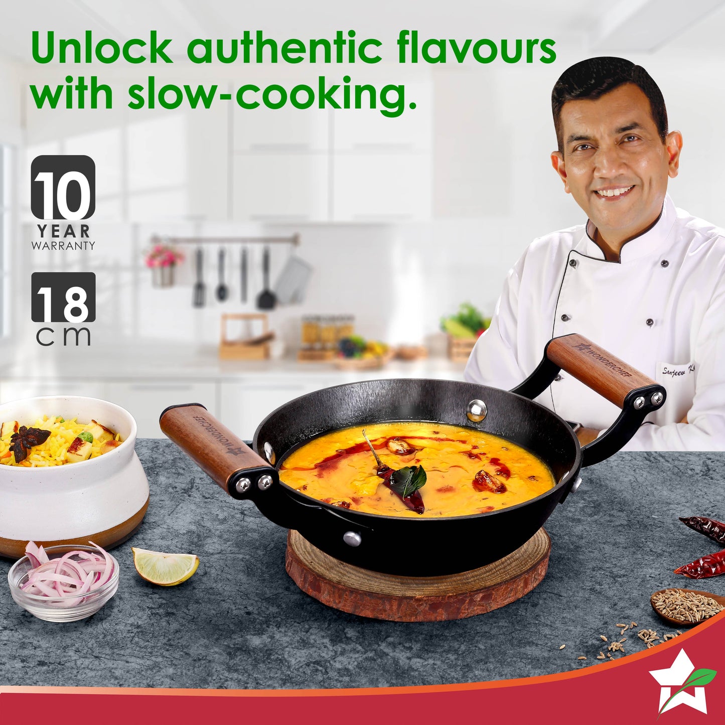 Ferro Light-weight Cast-iron Kadhai, 18cm, 40% Lighter, Pre-seasoned with 100% Vegetable Oil, Non-toxic, Chemical-free, Induction-friendly, Long Cool-touch Wood Handles, 10-Yr Warranty