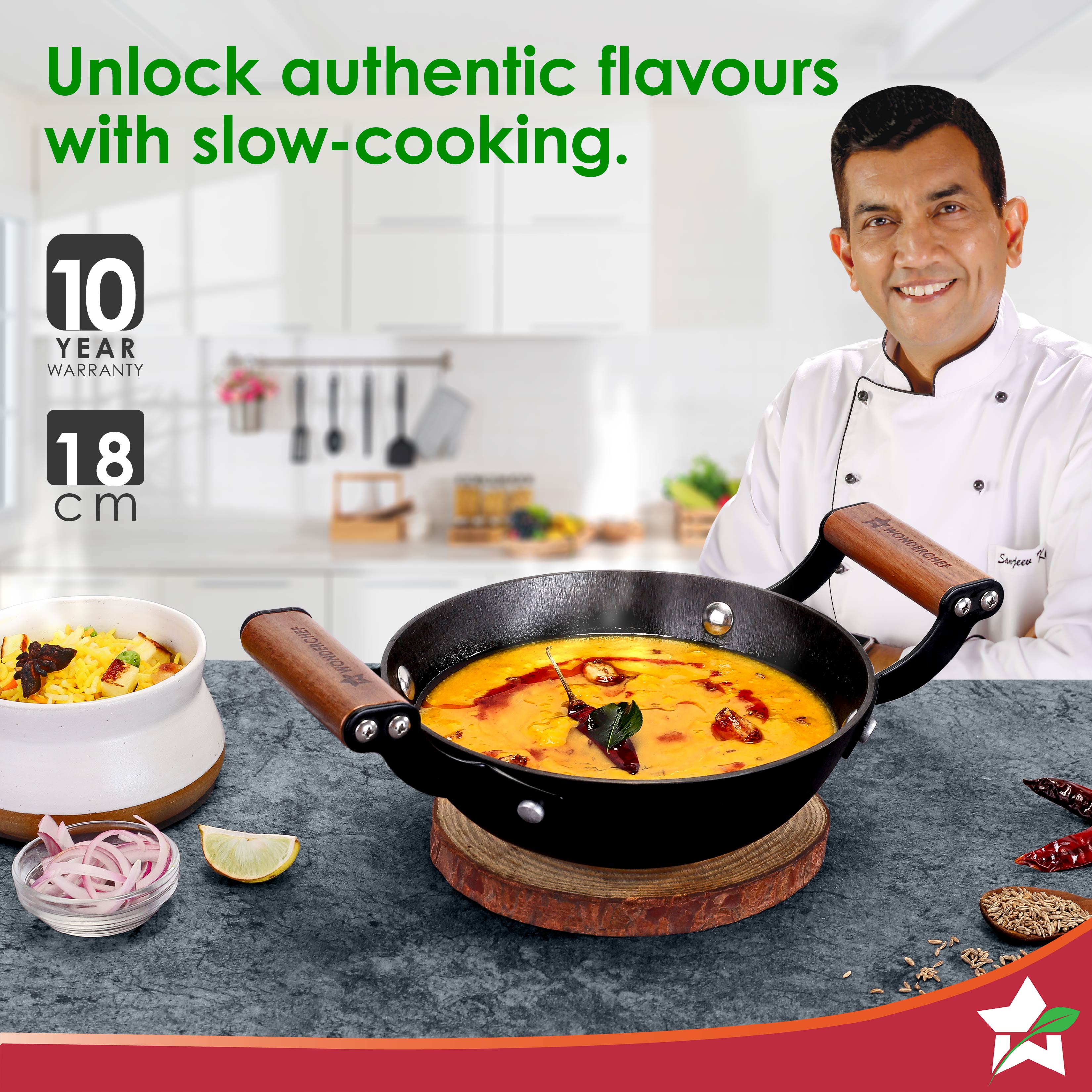 Ferro Light-weight Cast-iron Kadhai, 18cm, 40% Lighter, Pre-seasoned with 100% Vegetable Oil, Non-toxic, Chemical-free, Induction-friendly, Long Cool-touch Wood Handles, 10-Yr Warranty