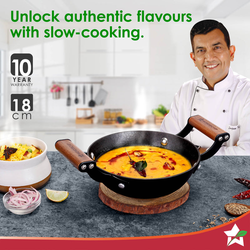 Ferro Light-weight Cast-iron Kadhai, 18cm, 40% Lighter, Pre-seasoned with 100% Vegetable Oil, Non-toxic, Chemical-free, Induction-friendly, Long Cool-touch Wood Handles, 10-Yr Warranty