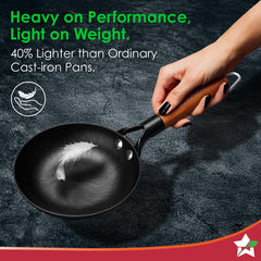 Pre-Seasoned Ferro Light 20cm Cast Iron Fry Pan | 800 ml | Acacia Wooden Handles | Gravity Moulding Technology | No Chemical Coating | 10 Year Warranty
