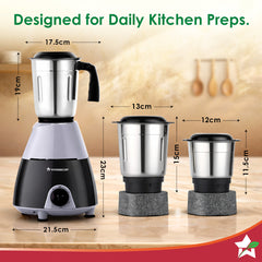Wonderchef Vista Plus Mixer Grinder for Kitchen, 500W, 3 Multi-purpose Jars, Stainless-steel Blades for Masala, Chutney,