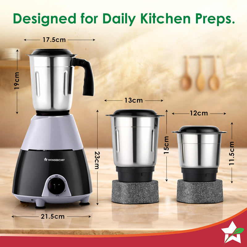 Wonderchef Vista Plus Mixer Grinder for Kitchen, 500W, 3 Multi-purpose Jars, Stainless-steel Blades for Masala, Chutney,