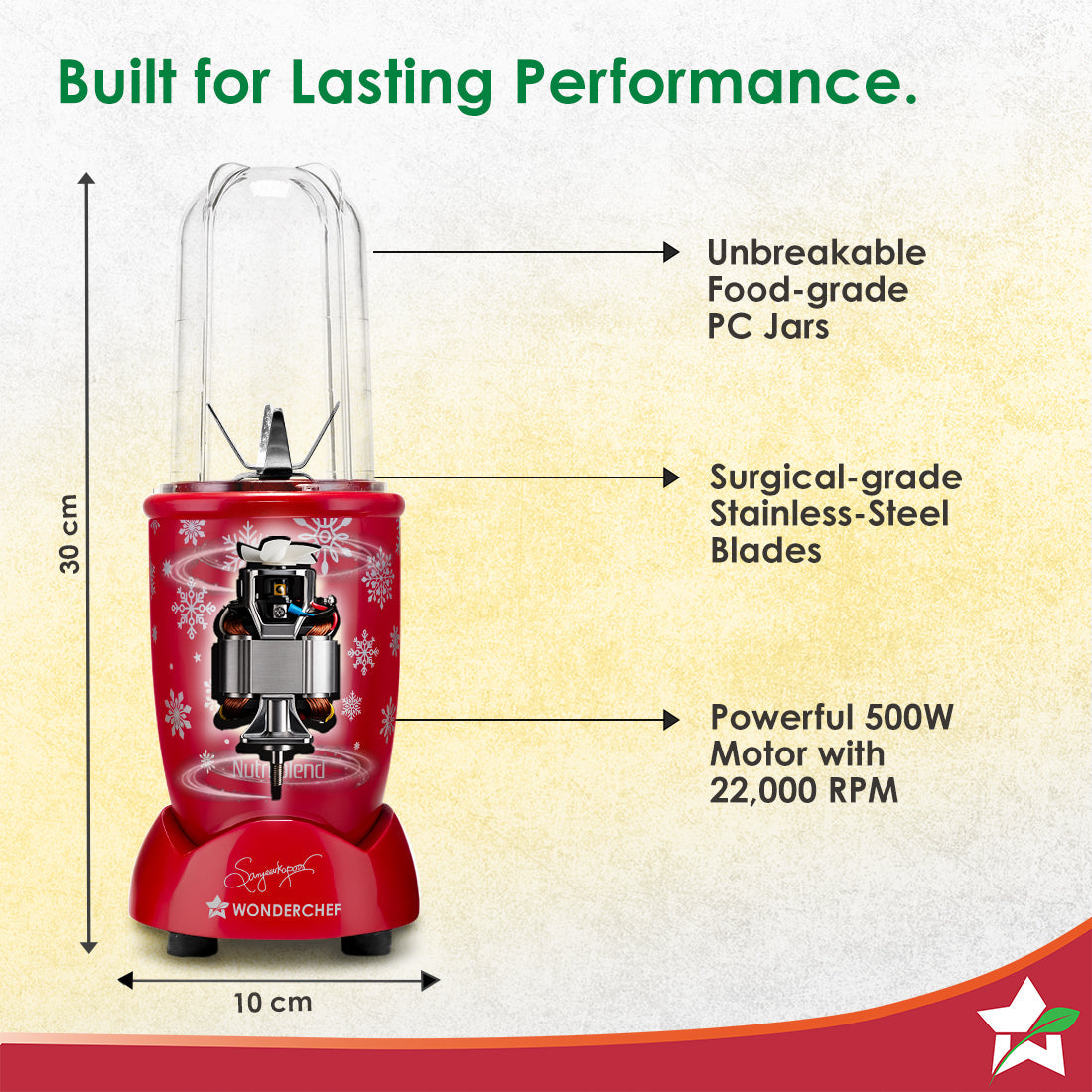 Nutri-blend Snowflakes 500W Mixer Grinder, 22000 RPM, Smoothie Maker-Masala-Chutney Grinder, 3 Unbreakable Jars, Limited Edition, Recipe Book by Chef Sanjeev Kapoor, 2 Yr Warranty, Red